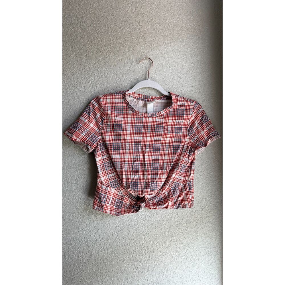 H&M Red Blue Plaid Twist Front Crop Top Medium 100% Cotton Short Sleeve